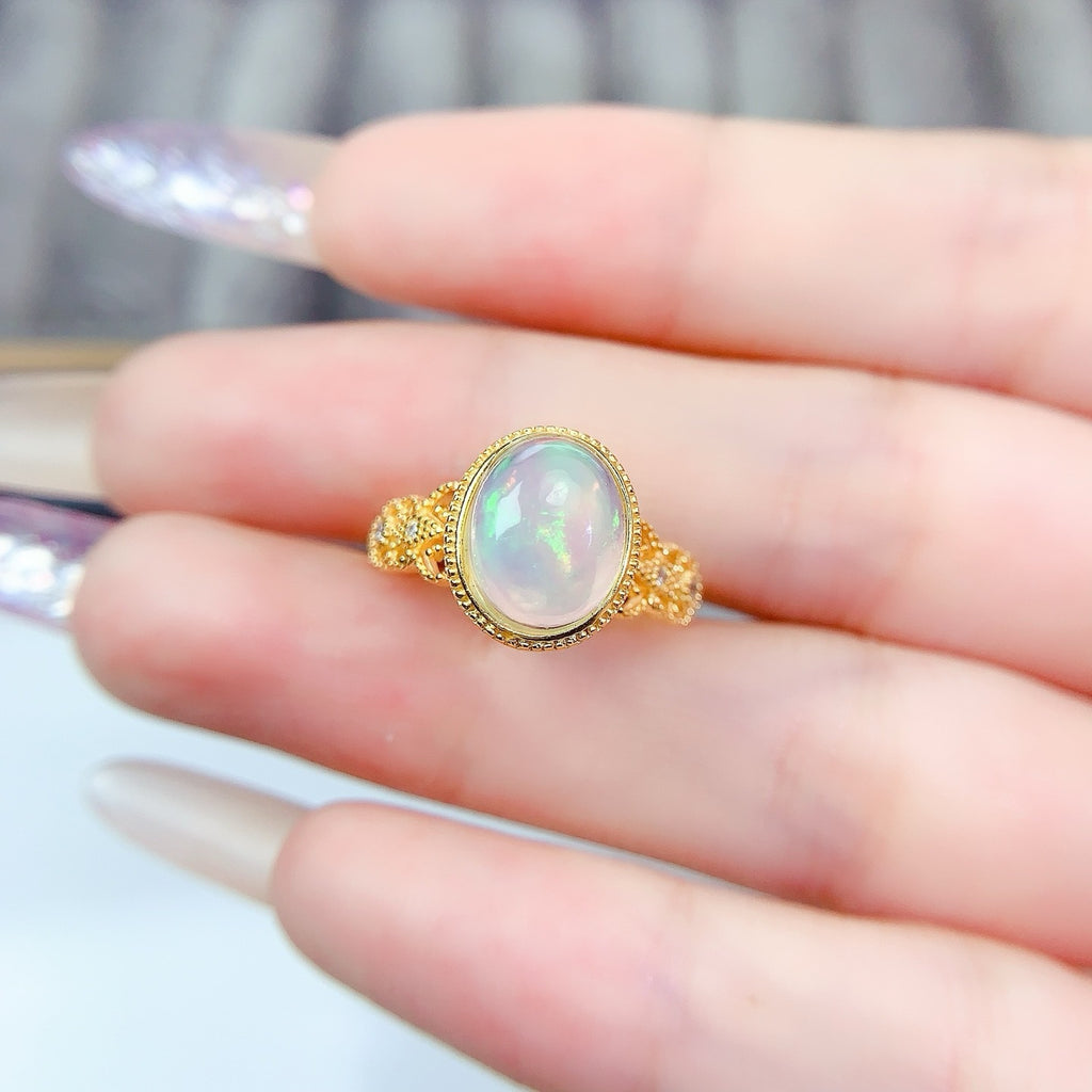 S925 Sterling Silver Natural Opal Ring Fashion Niche Luxury Light Luxury Style Oval 8*10mm Ring