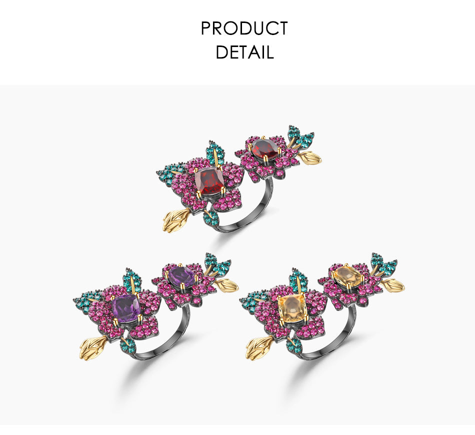 Designer Gemstone Ring Adjustable Natural Style Floral High-end S925 Silver Natural Yellow Crystal Ring