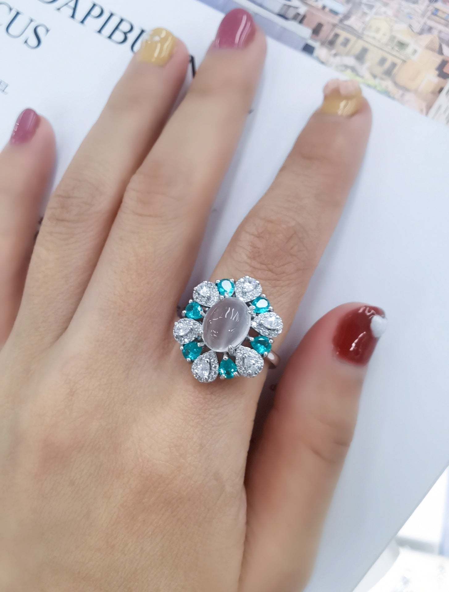 S925 Silver Platinum Plated Inlaid Moonstone Pendant Ring Jewelry Set