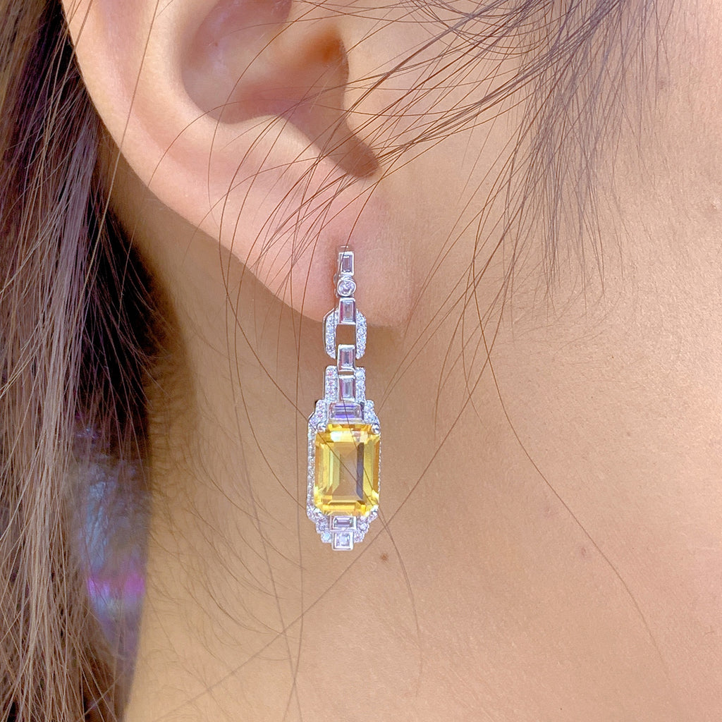 S925 Silver Platinum Plated Inlaid 7*10mm*2 Yellow Crystal French Niche Earrings