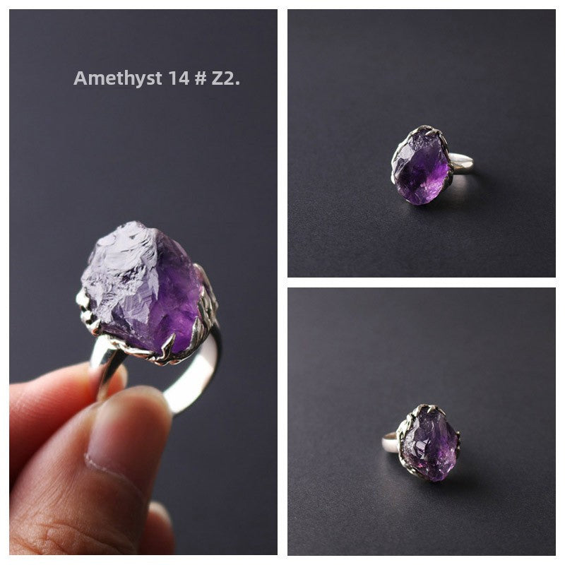 Original Design Ring Pure Silver Handmade Encrusted Natural Raw Mineral Amethyst Rose Quartz Phosphorite Aquamarine Ring