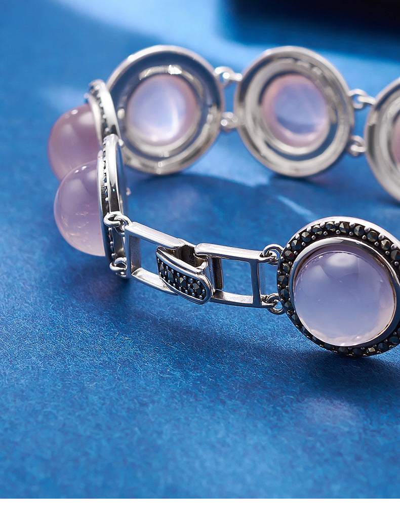 European and American Retro Mosaic Round Red Corundum Bracelet S925 Sterling Silver Inlaid Pink Crystal Cabochon Personalized Bracelet