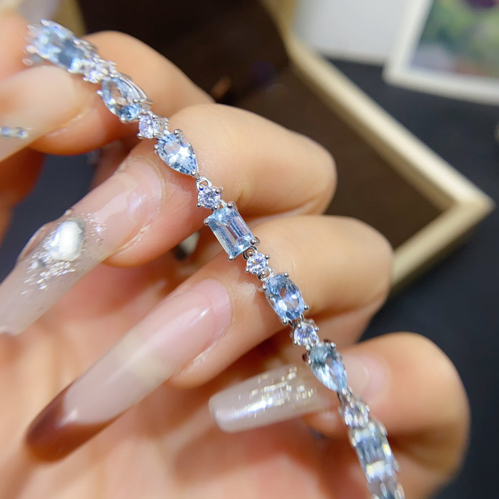 925 Silver 6*4 4*5mm Crystal Fresh Natural Aquamarine Bracelet