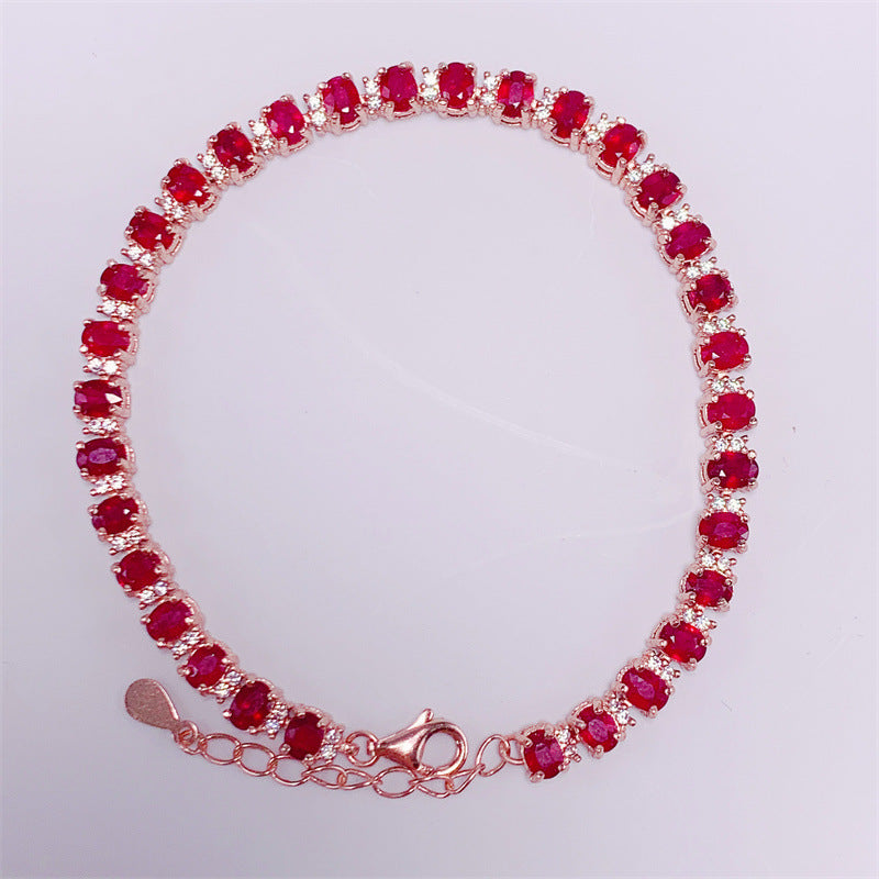 S925 Silver Plated Rose Gold Inlaid 3*4mm Natural Pigeon Blood Ruby Bracelet