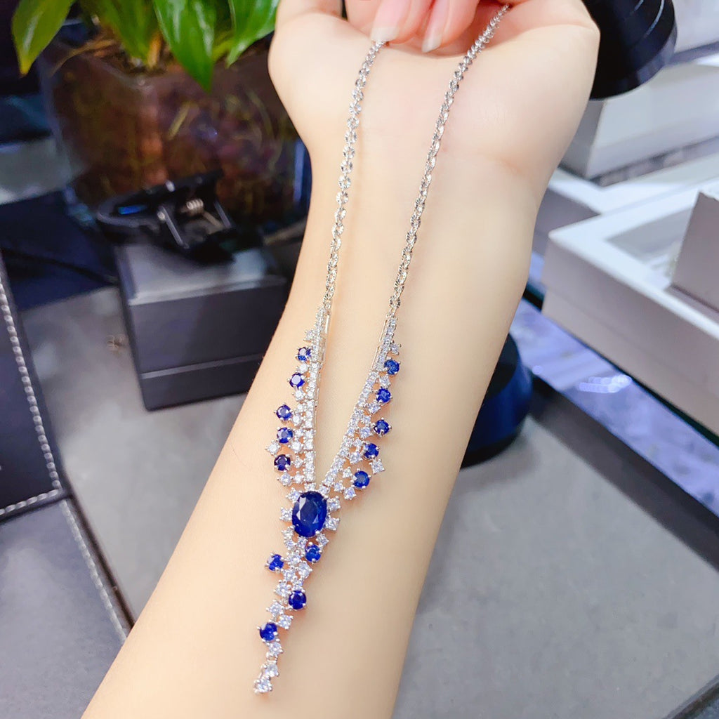S925 Silver Inlaid Main Stone 4*6 Natural Sapphire Necklace