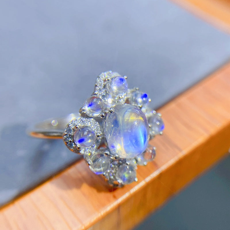 Moonstone Ring 925 Silver Inlaid with Natural Blue Moonstone Adjustable Women's Ring