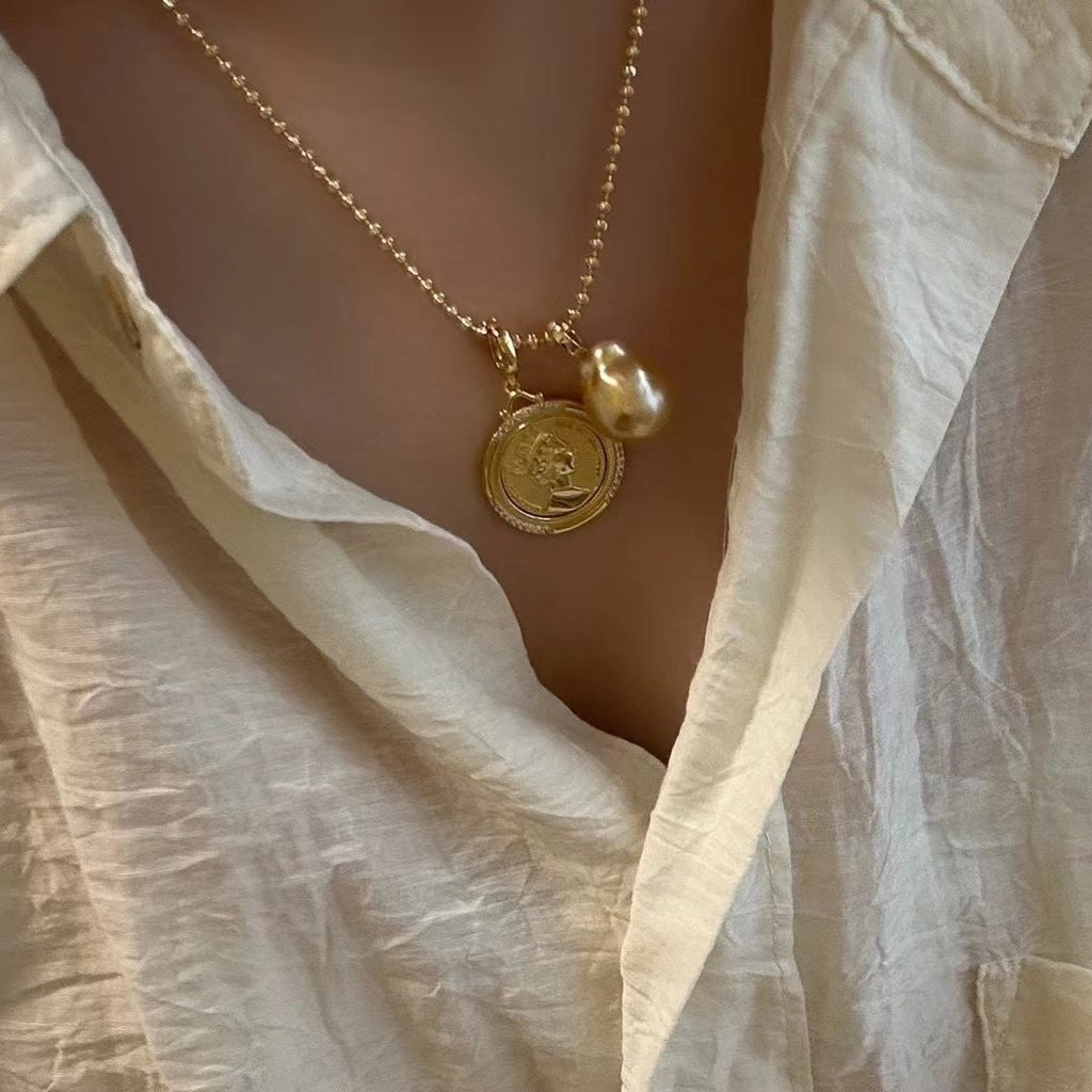 Vintage Fashionable Pearl Approx. 10-12mm Gold Baroque Sweater Chain