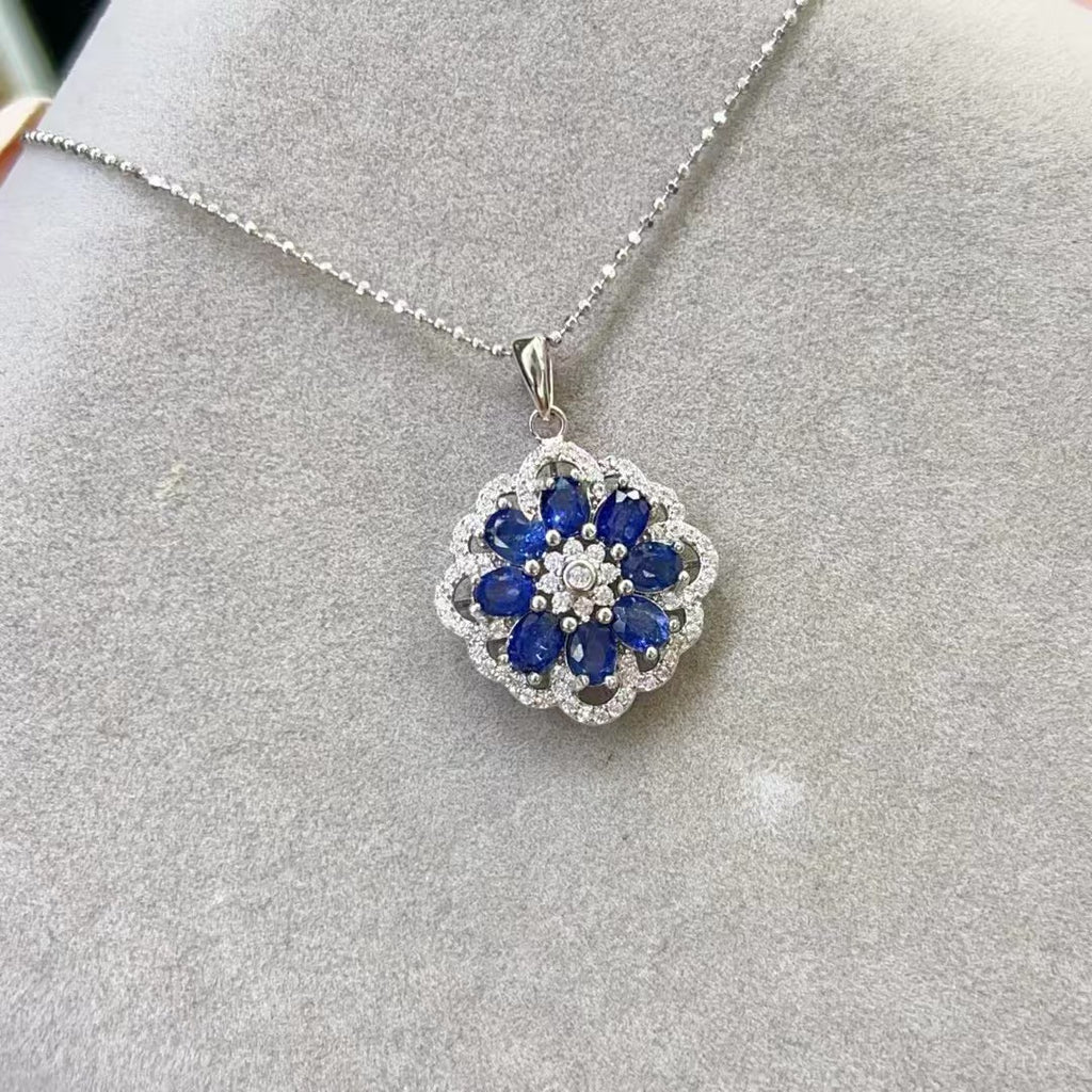 Elegant Light Luxury Natural Burned Sapphire Pendant Women's Flower Shape Diamond S925 Silver Pendant