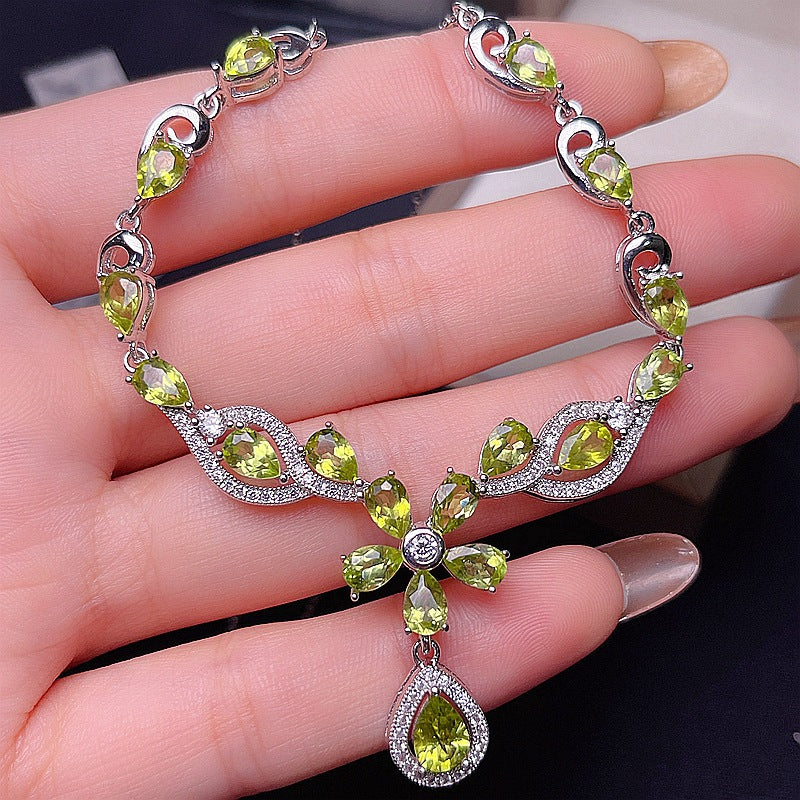 Natural Peridot 925 Silver Inlaid Peridot Chain Row Pendant Evening Chain Necklace