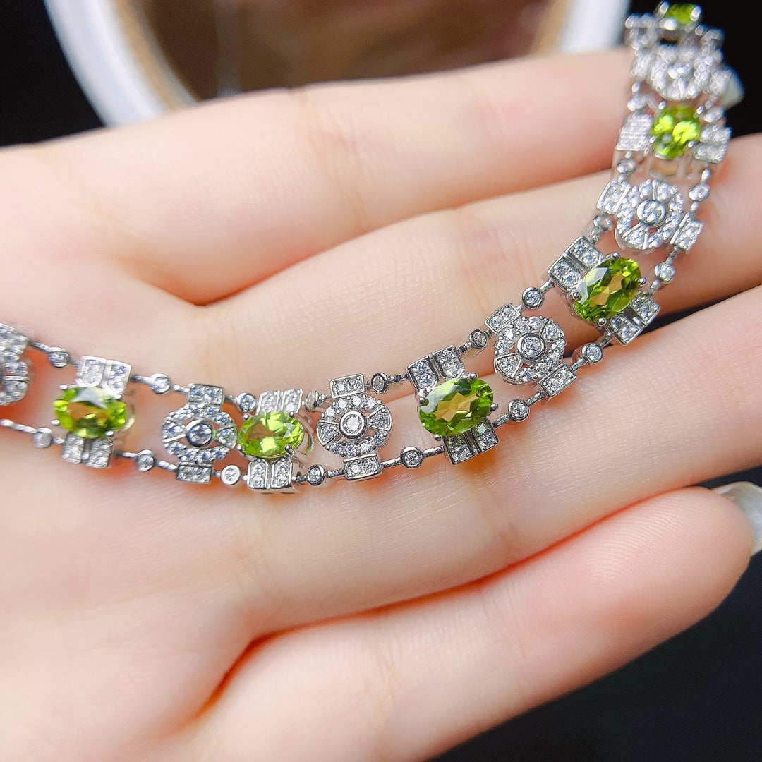S925 Silver Inlaid Main Stone 4*6 Natural Peridot Bracelet
