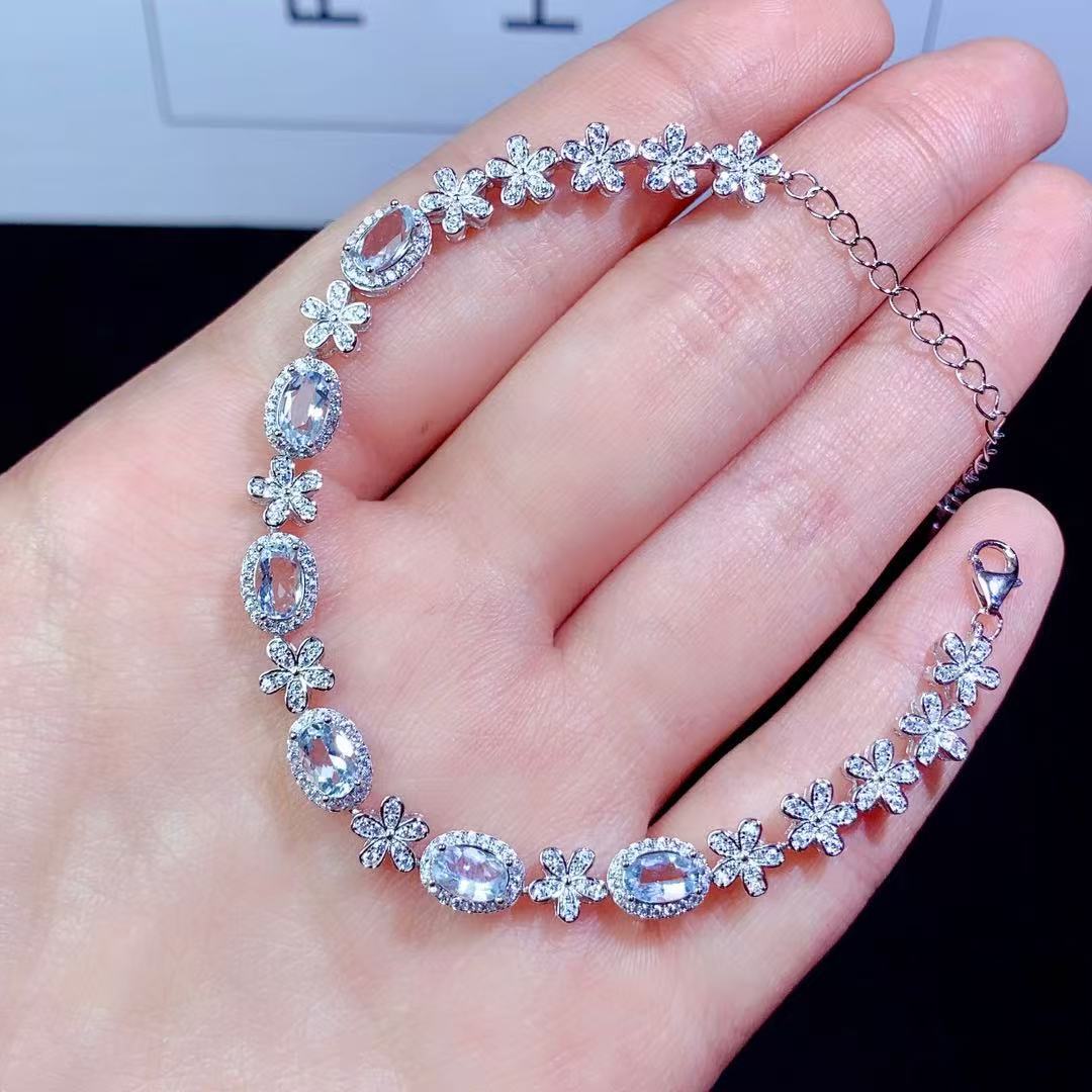 925 Sterling Silver Inlaid Flower Exquisite Niche Design Colorful Gemstone Natural Aquamarine Bracelet