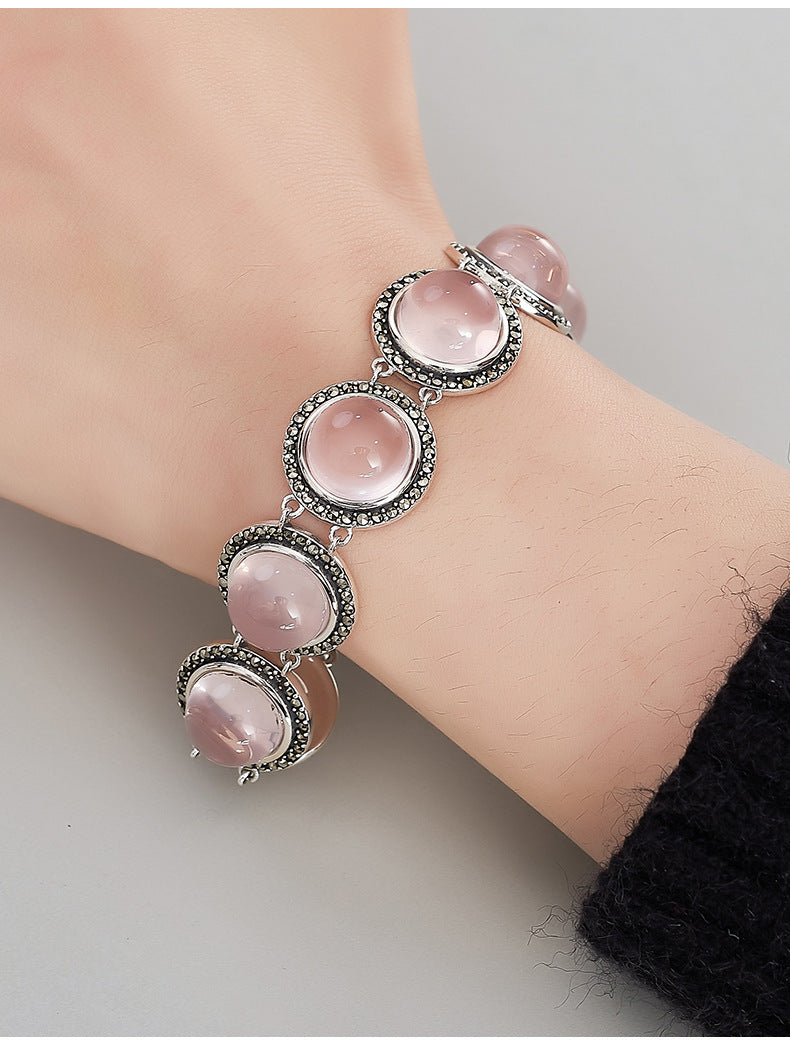 European and American Retro Mosaic Round Red Corundum Bracelet S925 Sterling Silver Inlaid Pink Crystal Cabochon Personalized Bracelet