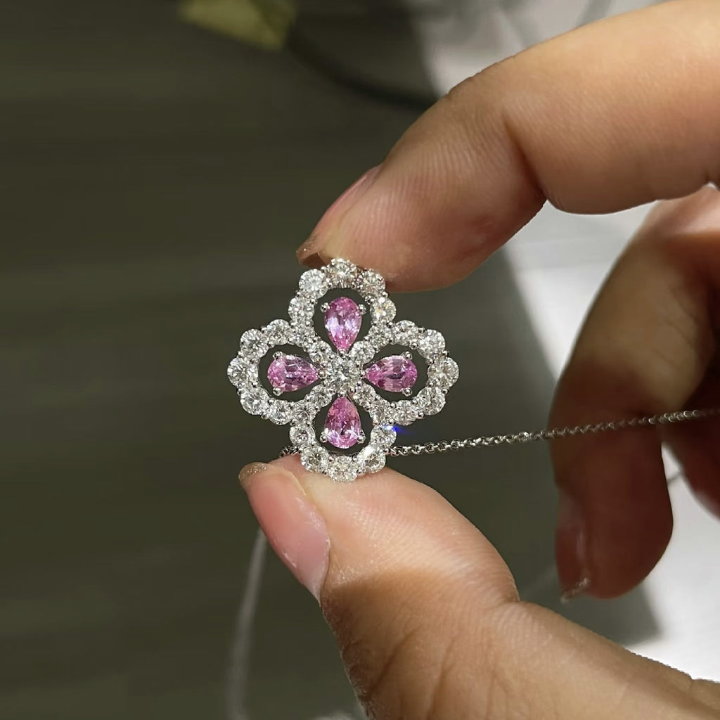 1.9 Carat Four-Leaf Clover Cultivated Pink Sapphire Full Diamond Necklace Aquamarine S925 Sterling Silver Pendant