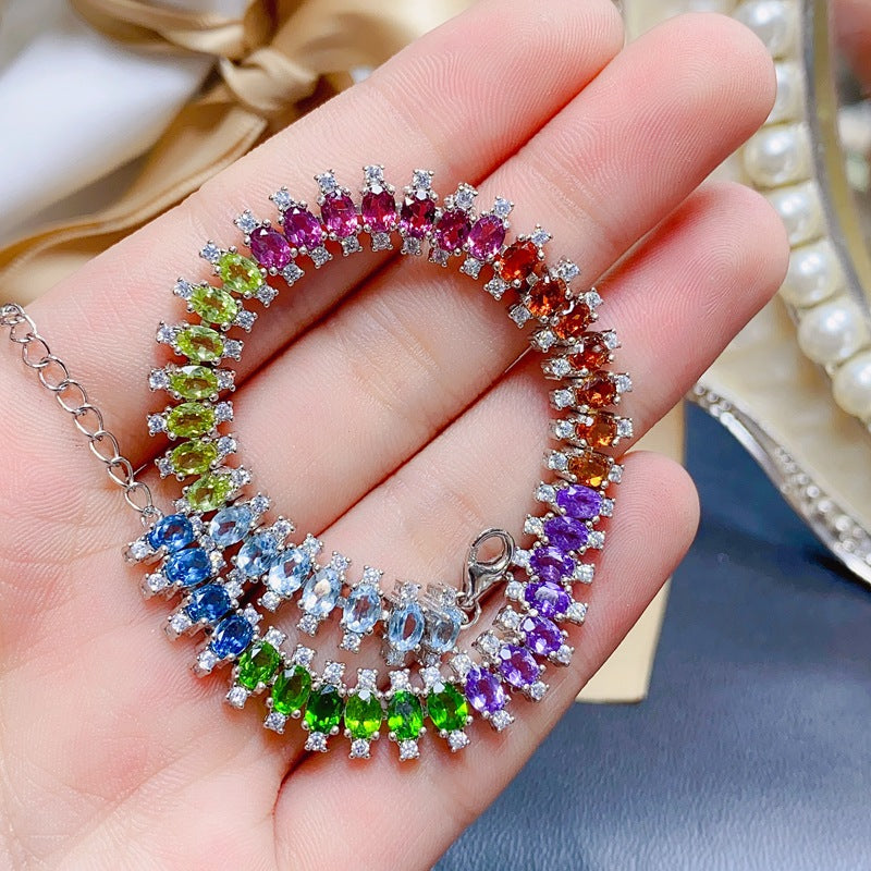 Natural Olivine Garnet Diopside Citrine Amethyst Topaz 925 Silver Multi-Gem Bracelet