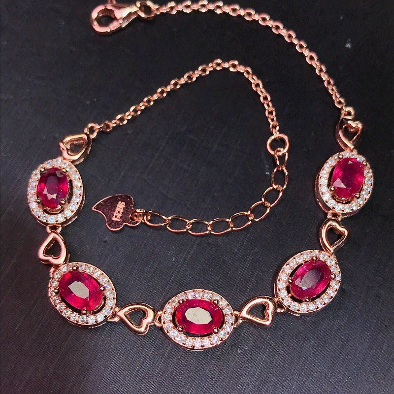 Ruby Bracelet with Extended Chain Adjustable 925 Silver Ruby