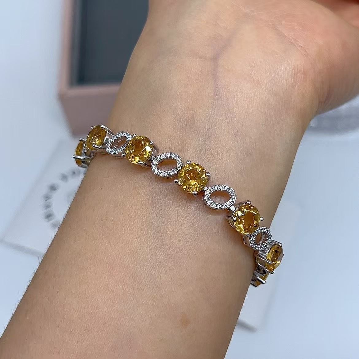 Yellow Crystal Bracelet S925 Silver Inlaid with Colorful Gemstones Exquisite Bracelet