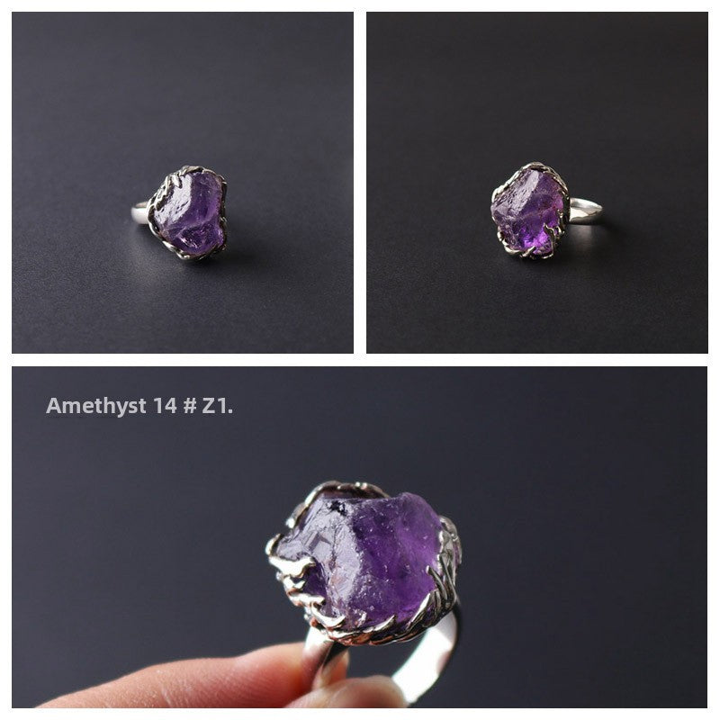Original Design Ring Pure Silver Handmade Encrusted Natural Raw Mineral Amethyst Rose Quartz Phosphorite Aquamarine Ring
