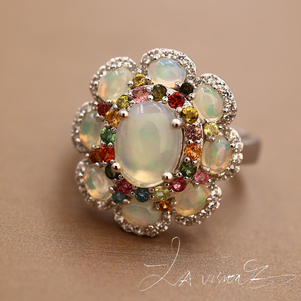 S925 Inlaid Natural Opal Natural Tourmaline Synthetic White Sapphire Ring