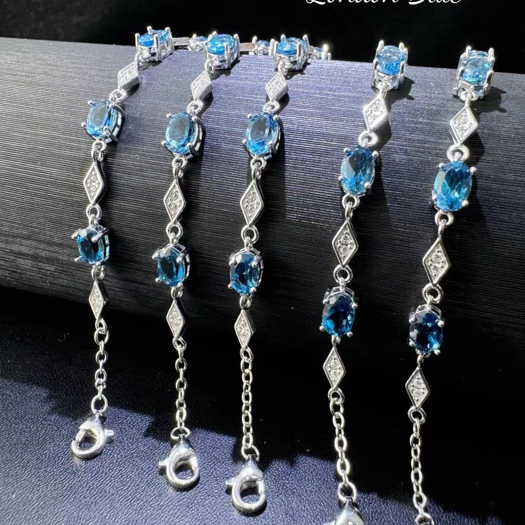 925 Silver Inlaid Main Stone 4*6mm Blue Topaz Bracelet
