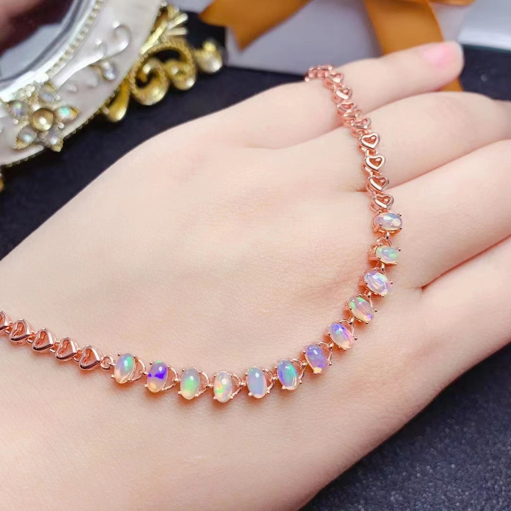Natural Opal Bracelet 925 Silver Fine Inlay Full Pure Body Simple Retro European and American Style Bracelet Gemstone Jewelry Bracelet