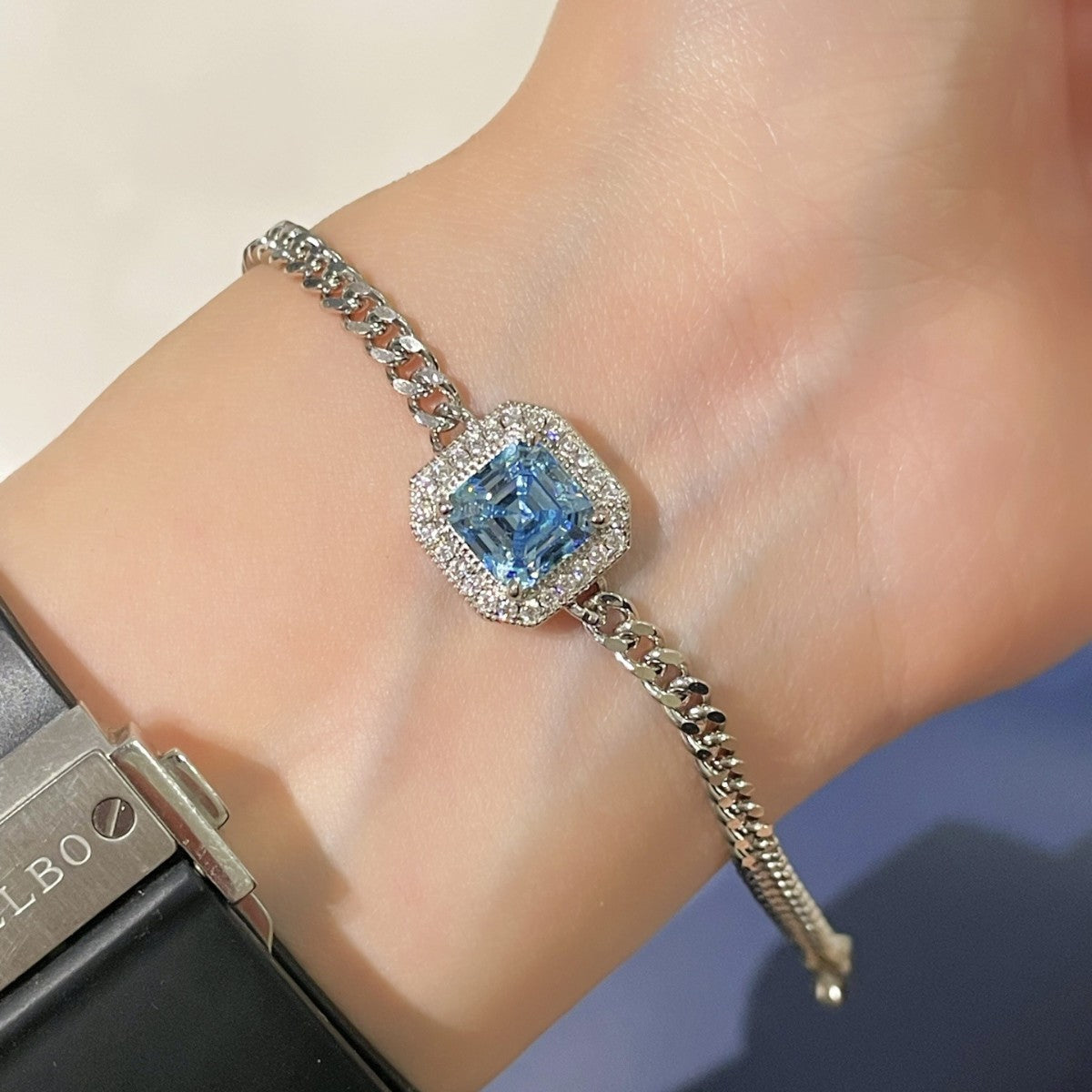 S925 Silver Electroplated 18K Gold Sugar Cube Sparkling Diamond Aquamarine Simple Bracelet