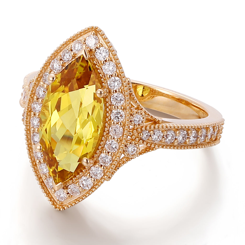 14K Gold 4ct Marquise Cultured Yellow Crystal Ring Light Luxury Vintage Gold Edge Inlaid Ring