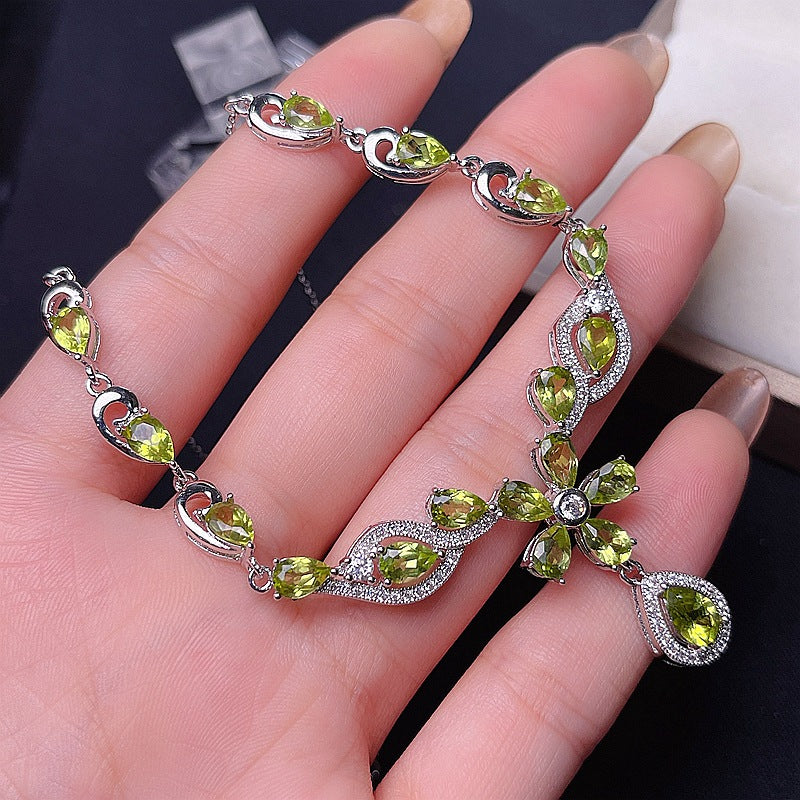 Natural Peridot 925 Silver Inlaid Peridot Chain Row Pendant Evening Chain Necklace