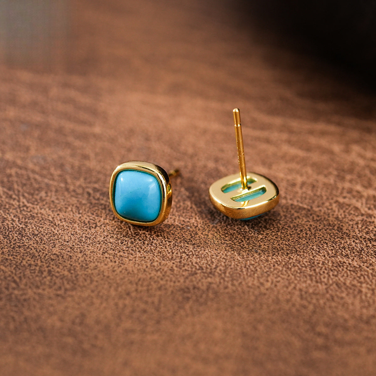 Square Earrings S925 Silver Plated 18K Gold Natural High Porcelain Turquoise Elegant Women's Earrings