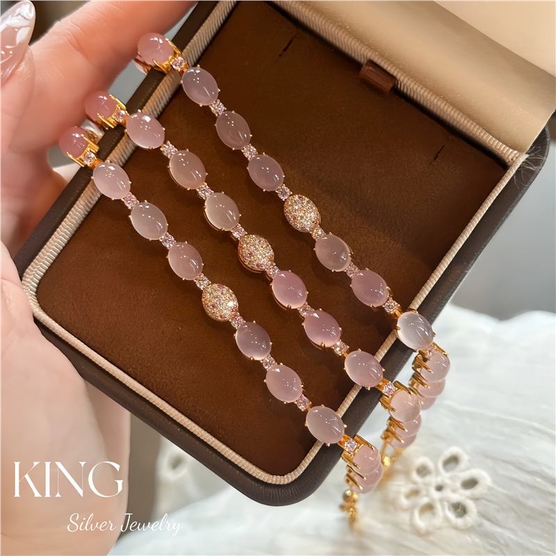 Peerless Beauty| S925 Silver Gold-Plated Cabochon Gradient Peach Pink Crystal Ultra Heavy Fashion High-End Pure Silver Bracelet