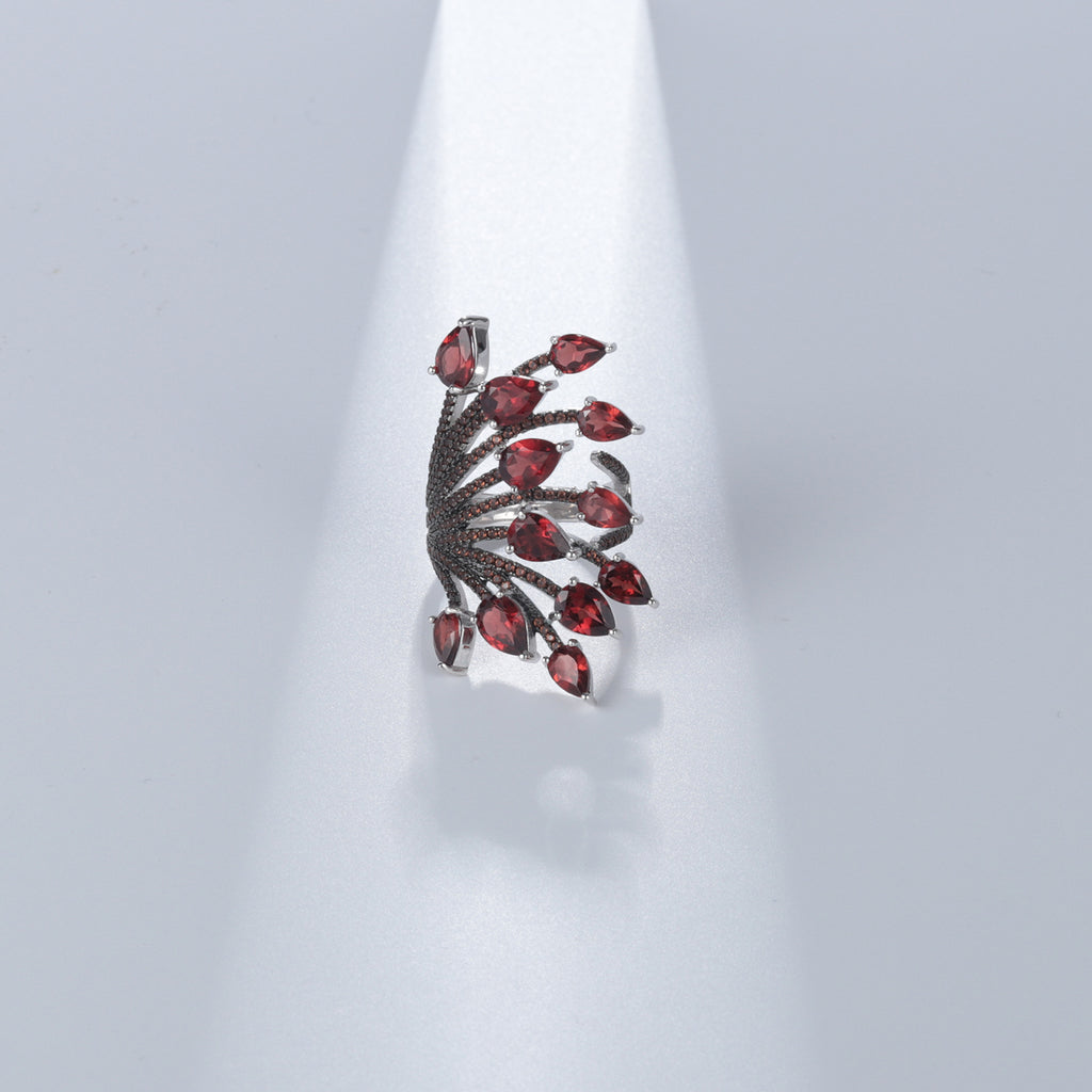 Natural Garnet Ring Opening Adjustable 925 Silver Color Gemstone Ring