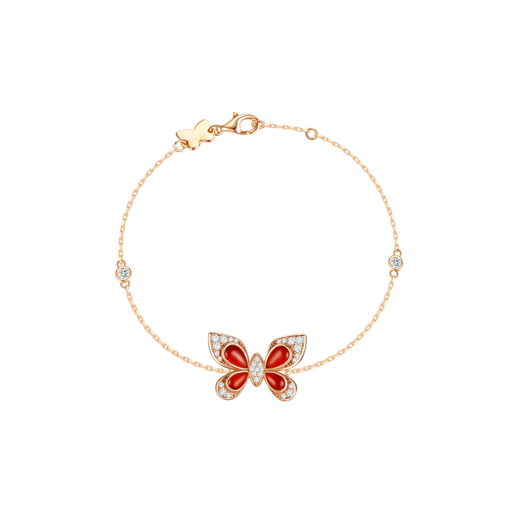 Inlaid Red Agate White Mother-of-Pearl Turquoise Sterling Silver Butterfly Bracelet