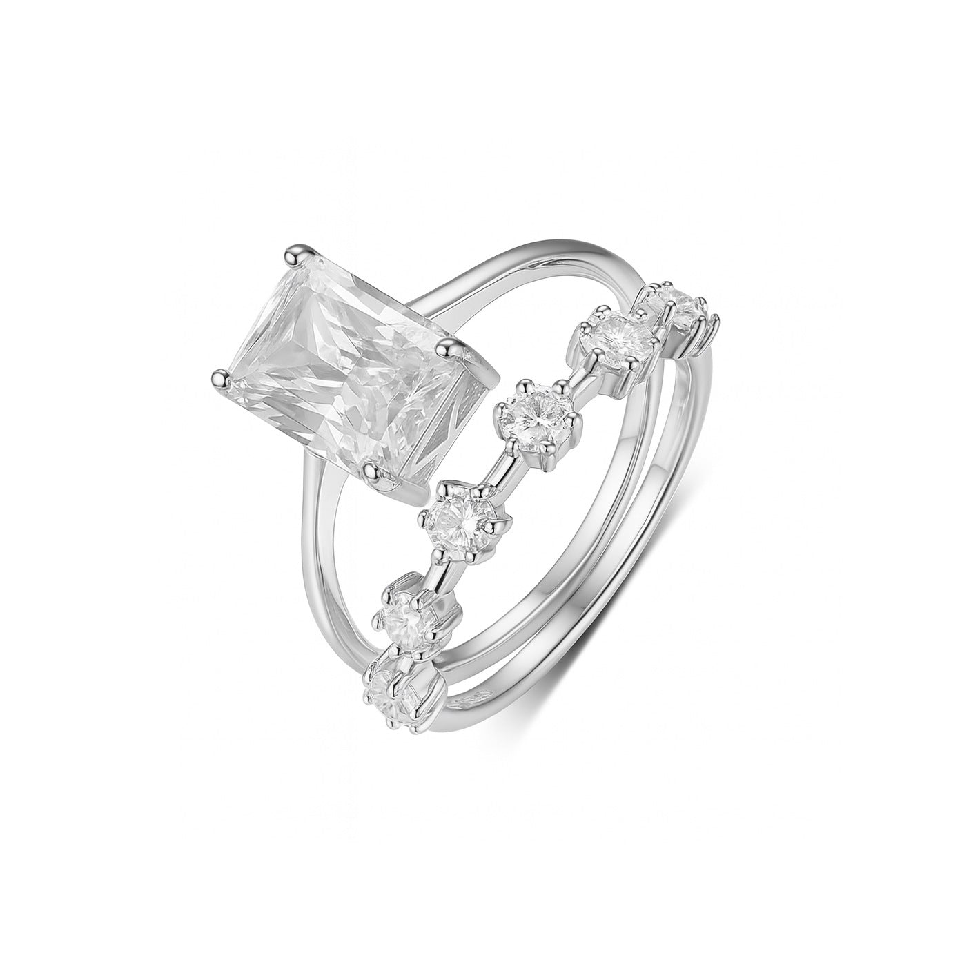 S925 Silver Set Ring Moissanite Ring Set Rectangular Main Stone Stacking Ring Source Factory Wholesale