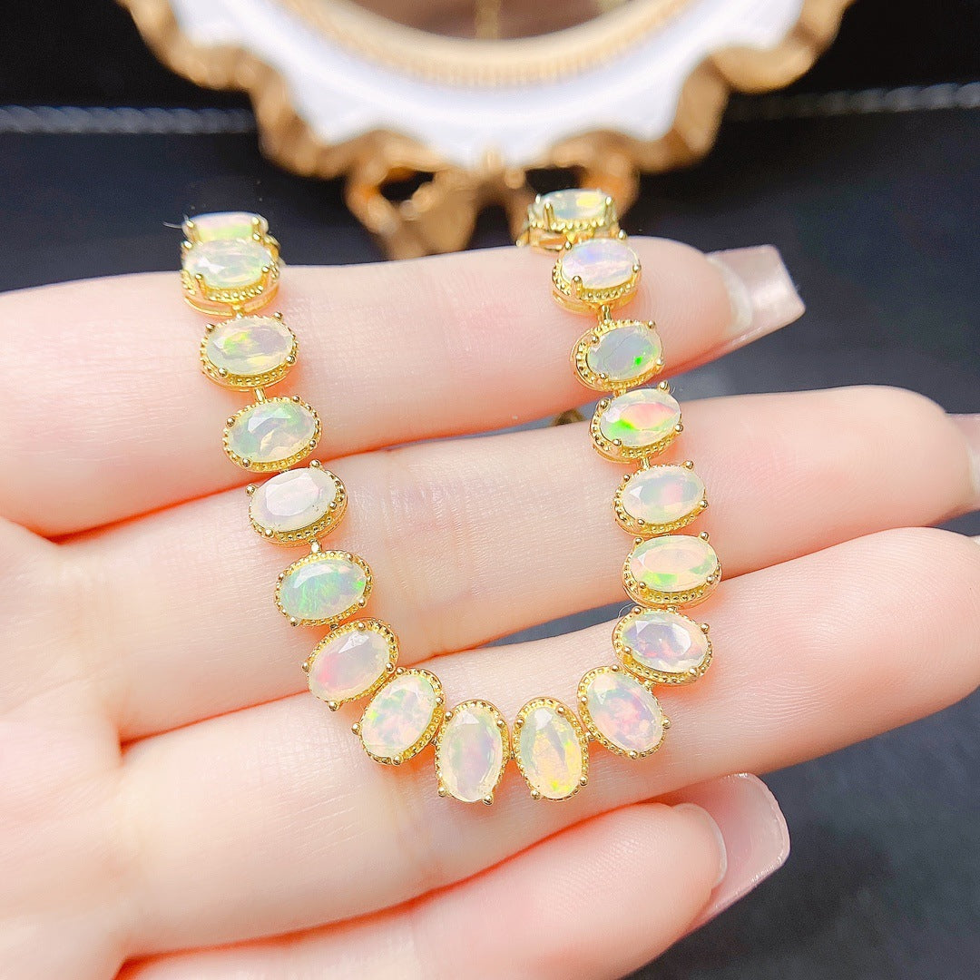 S925 Silver Inlaid Main Stone 4*6 Natural White Opal Bracelet