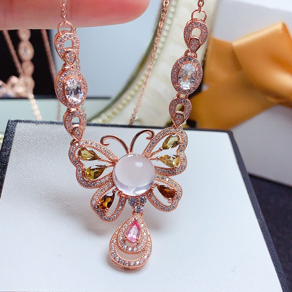 Clavicle Chain Gemstone Jewelry 925 Silver Inlaid with Natural Rose Quartz Tourmaline Aquamarine Engagement Date Necklace
