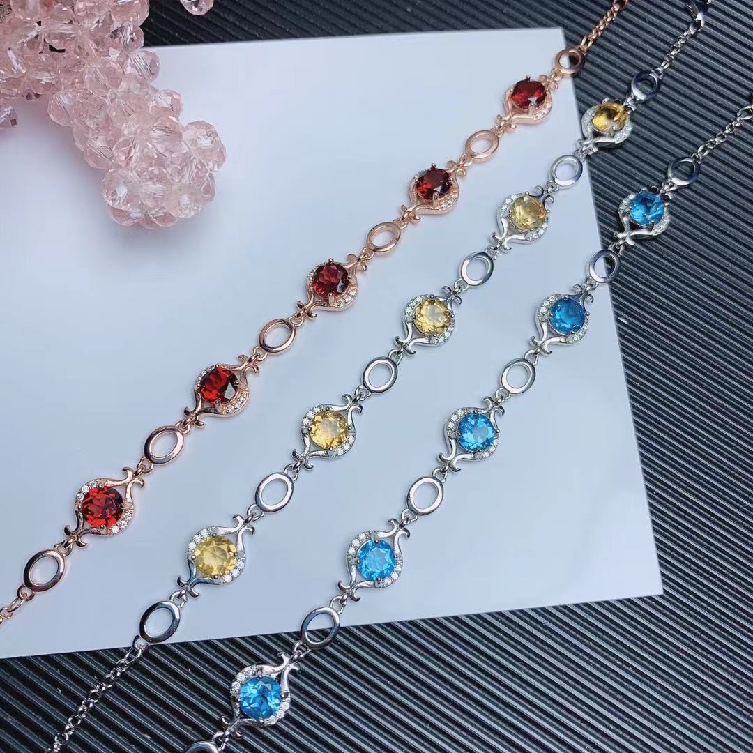 Natural Garnet Bracelet Yellow Crystal Topaz 925 Silver Vintage Ethnic Style Colorful Gem Bracelet