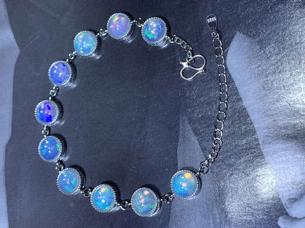 925 Silver Inlaid Opal Round Egg Surface Natural Opal Bracelet