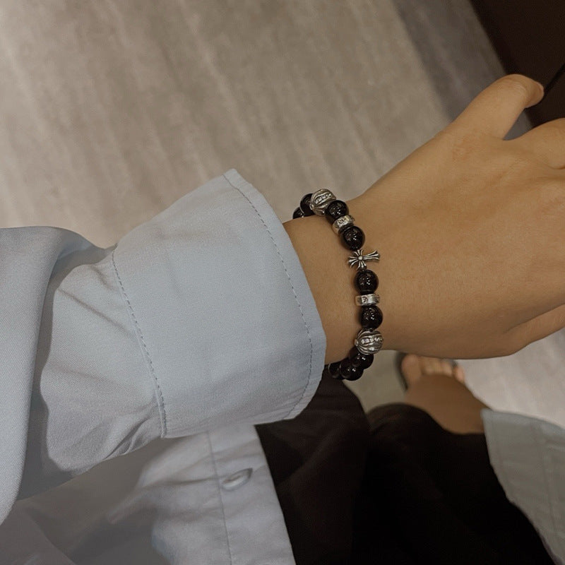 Male and Female Couples Domineering Hip-Hop Style Personality Punk 8mm Obsidian Bracelet