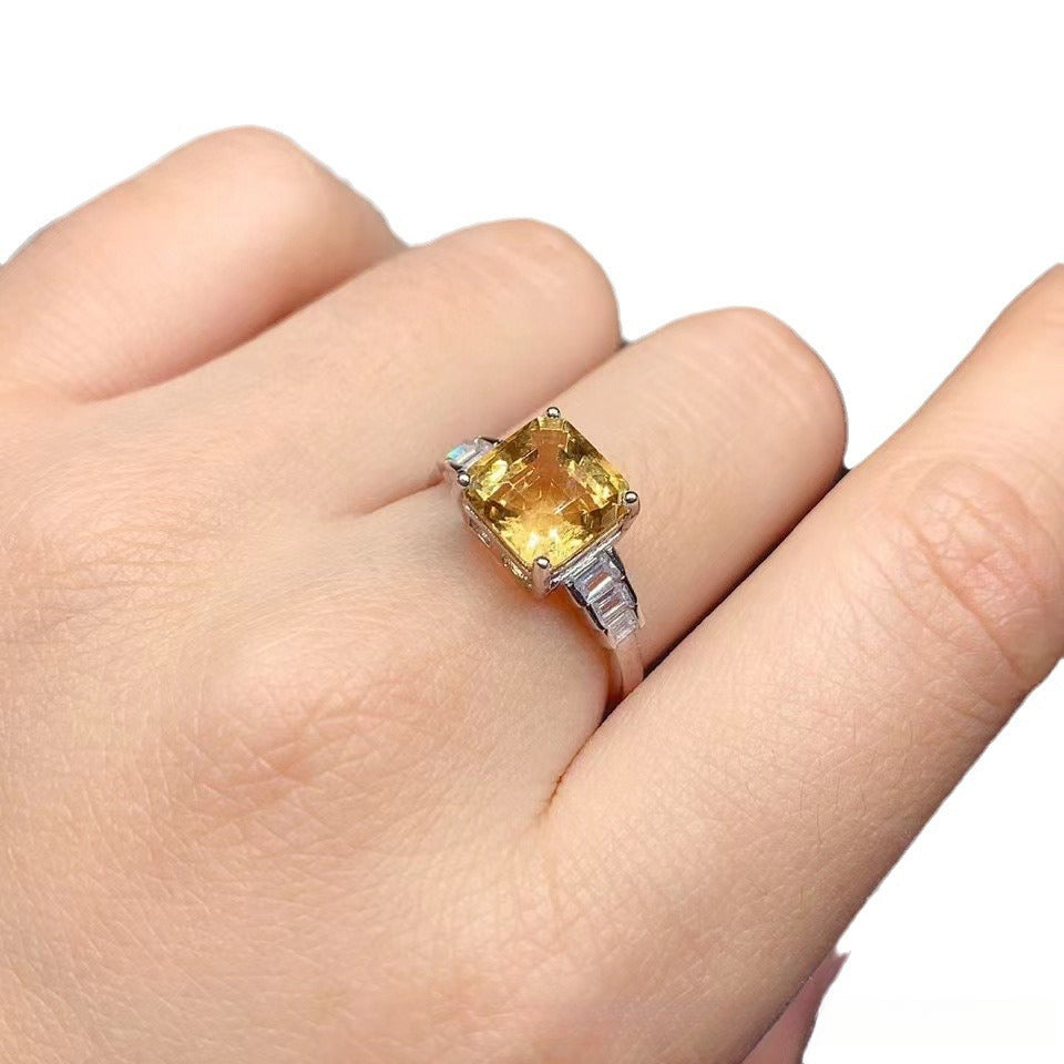 S925 Sterling Silver Jewelry Simple and Elegant Natural Yellow Crystal Princess Cut Ring