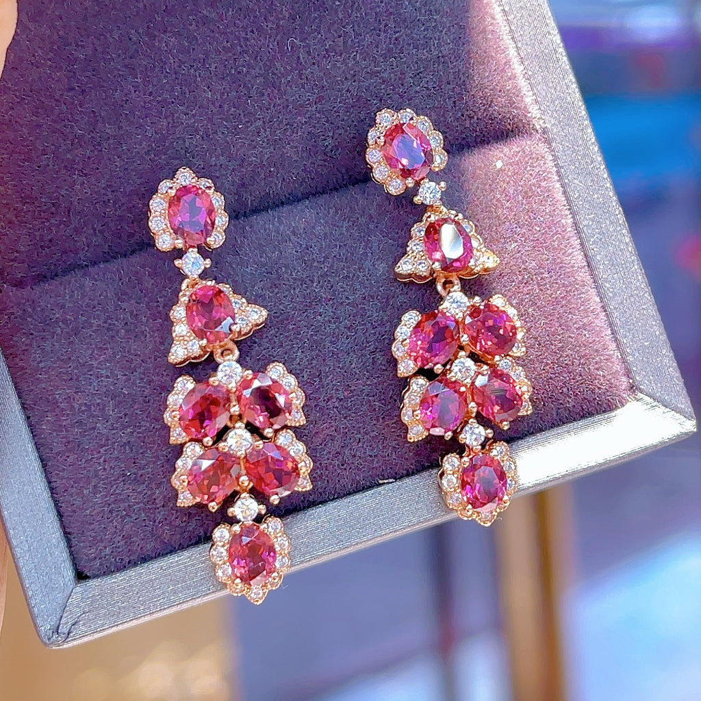 S925 Silver Plated Rose Gold Inlaid Magnesium Aluminum Pomegranate Main Stone 4*5mm*14 Earrings