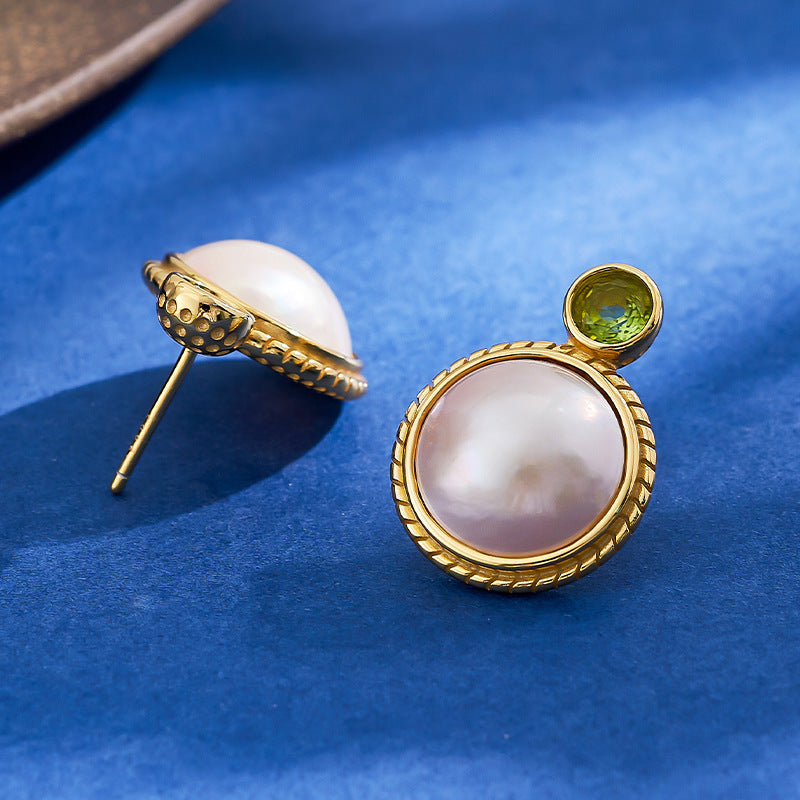 S925 Silver Gold-Plated Round Cabochon Mabe Pearl Stud Earrings French Vintage Peridot Earrings