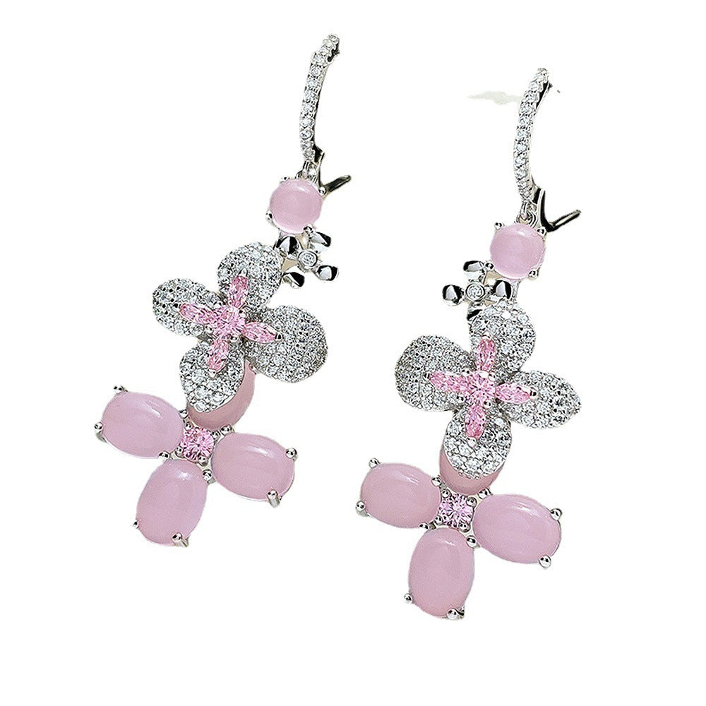 S925 Silver Inlaid 7*9mm Pink Diamond European and American Stud Earrings Sweet Style Geometric Earrings