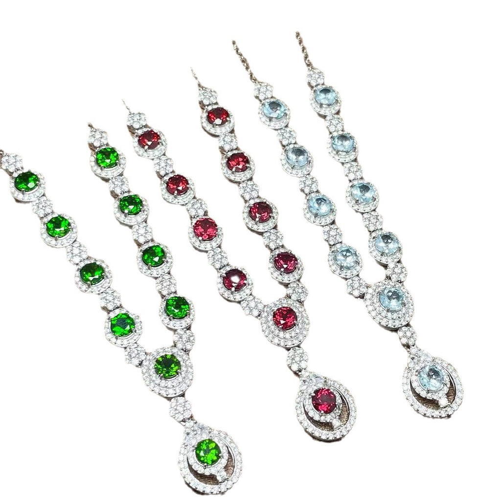 Luxury Necklace Collarbone Chain S925 Silver Inlaid with Natural Magnesia Garnet Aquamarine Diopside Multi-Gemstone Chain