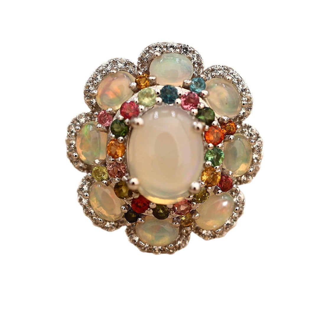S925 Inlaid Natural Opal Natural Tourmaline Synthetic White Sapphire Ring