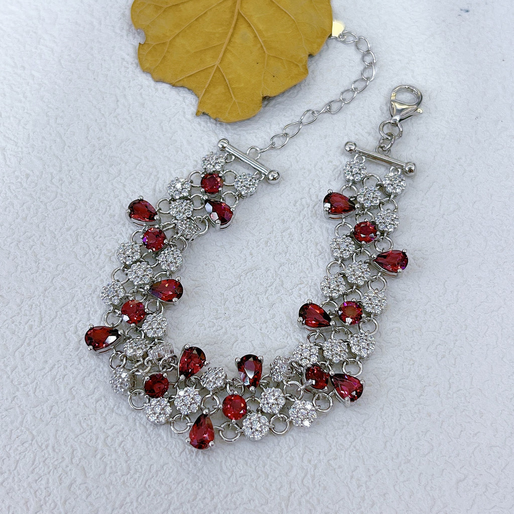 S925 Silver Platinum Plated Inlaid Magnesia Garnet Main Stone 4*6mm*11 Bracelet