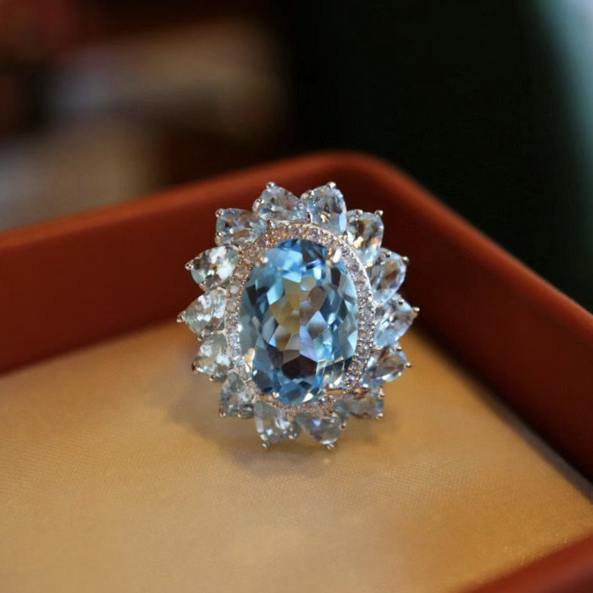 S925 Sterling Silver Full Craft Inlaid with Aquamarine Natural Topaz Ring