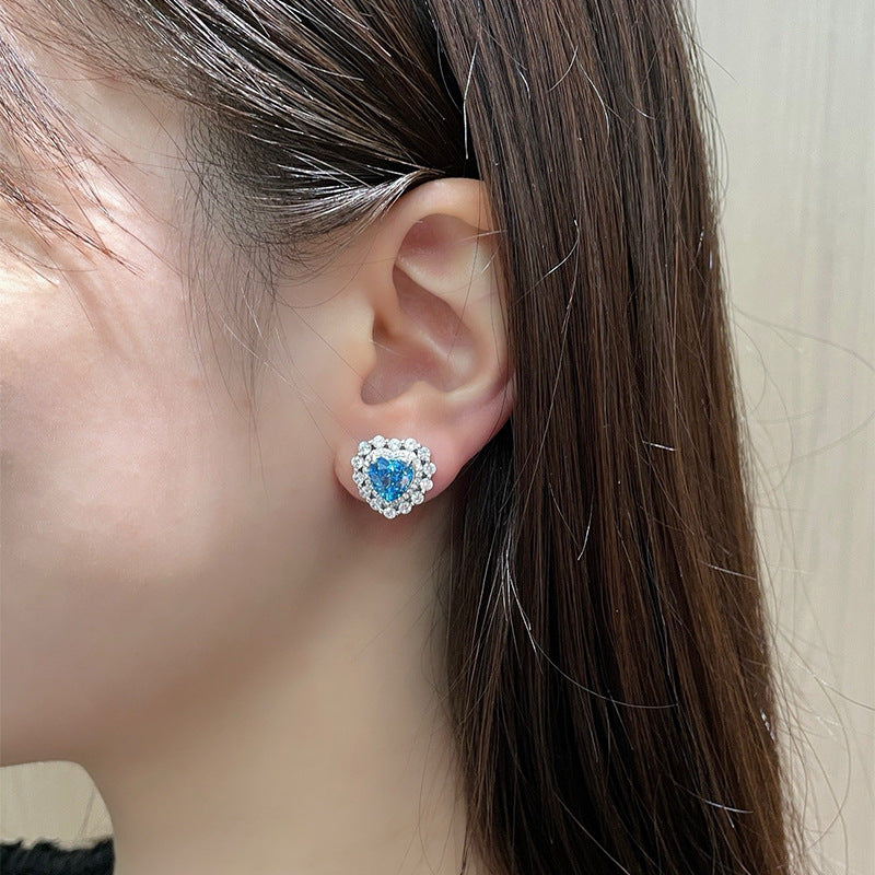 S925 Silver Full Inlaid Heart 9*11 Aquamarine High Carbon Diamond Ice Flower Heart-shaped Earrings