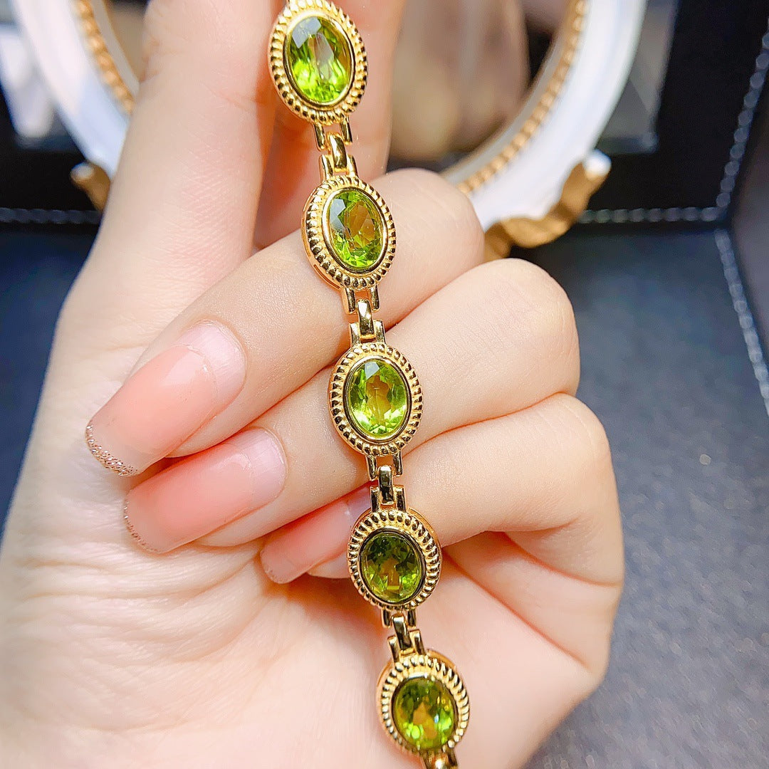 S925 Silver Inlaid Main Stone 6*8 Natural Peridot Bracelet