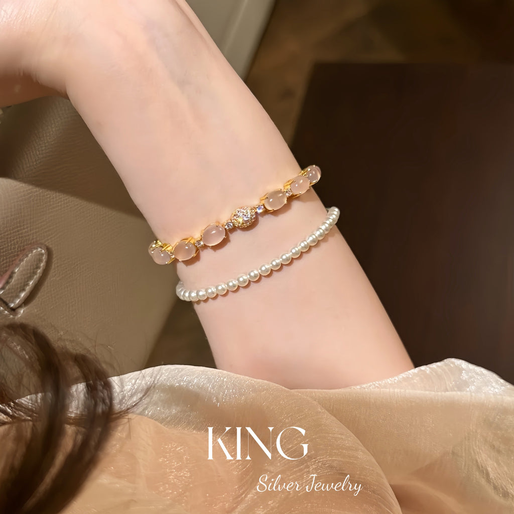 Peerless Beauty| S925 Silver Gold-Plated Cabochon Gradient Peach Pink Crystal Ultra Heavy Fashion High-End Pure Silver Bracelet