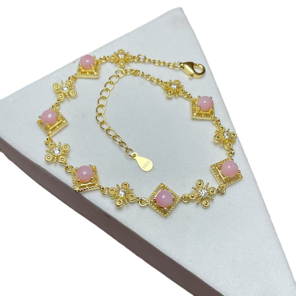 Vintage 925 Silver Inlaid with Emerald Tanzanite Pink Opal Natural Gemstone Multi-Gem Bracelet