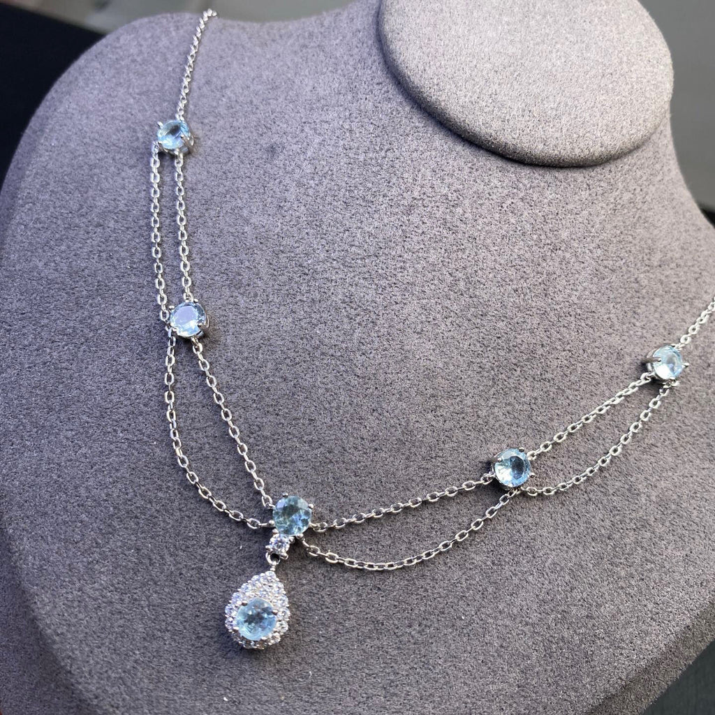 S925 Sterling Silver Aquamarine Tassel Pendant Necklace French Style High-end Light Luxury Vintage Dress Collarbone Chain